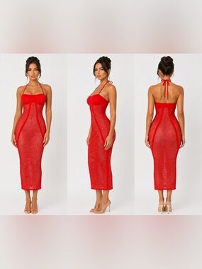 Wolford Red Net Ribs Halter Swim Dress Midi Bodycon Mesh Cover-Up Luxury